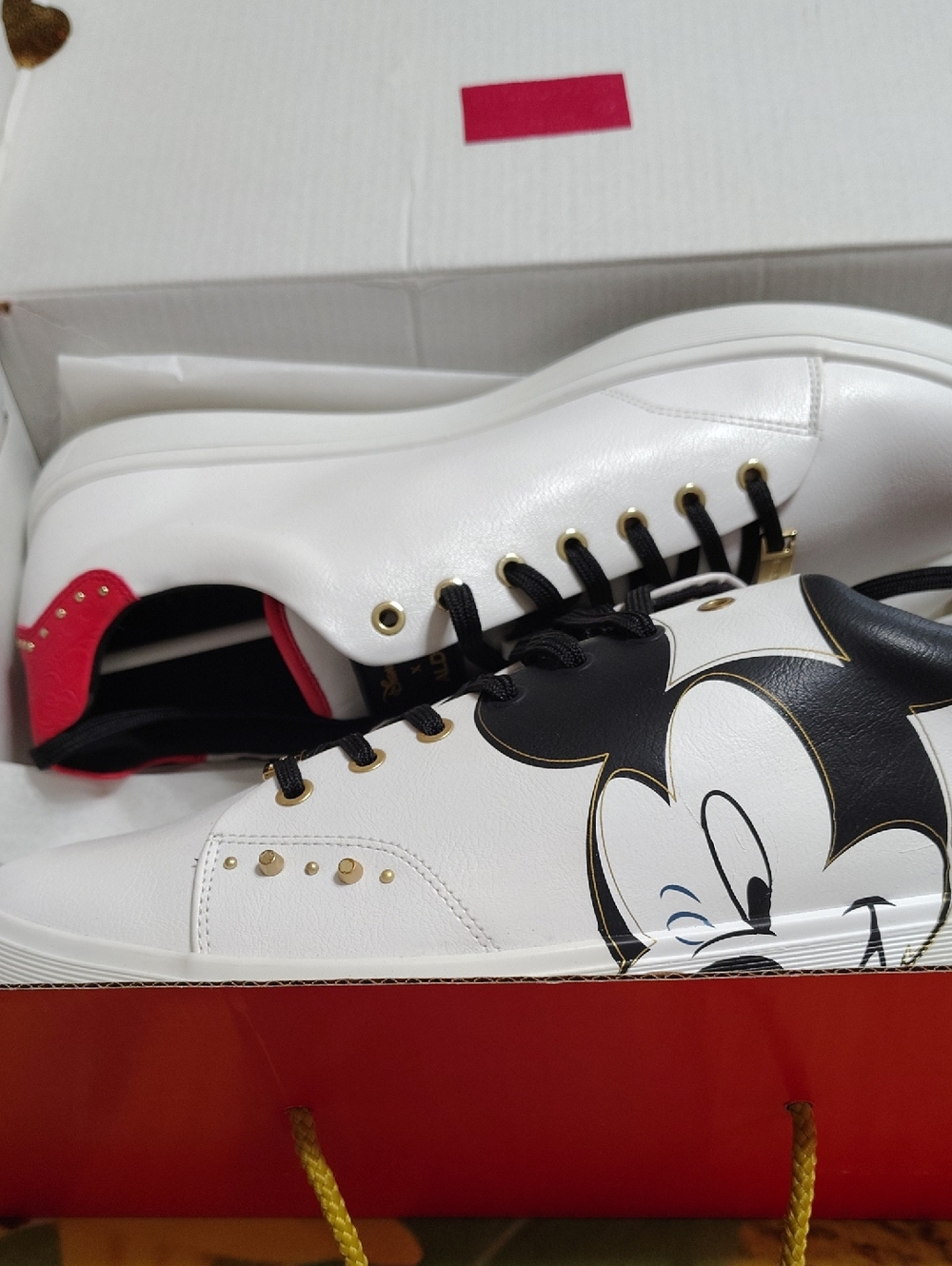 Aldo White Sneakers with Black Mickey Graphic and Pink Accents